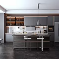 Modern Kitchen Interior With Gray Cabinets Island Stools Dark Flooring And Appliances
