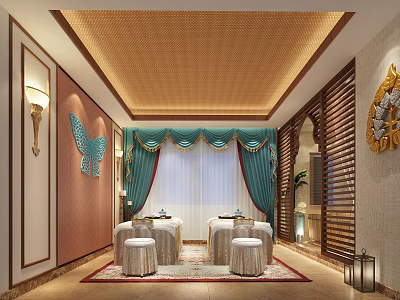 Luxury SPA Sauna Interior Design With Butterfly Decor Blue Green Curtains And Massage Beds 3d model