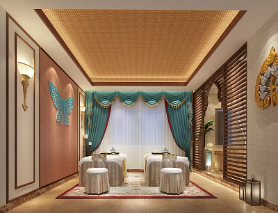 Luxury SPA Sauna Interior Design With Butterfly Decor Blue Green Curtains And Massage Beds 3d model