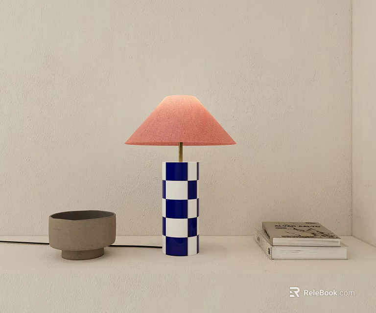 Pink Lampshade Table Lamp With Blue And White Checkered Base And Books On White Surface 3d model 