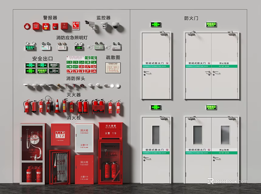 Complete Fire Equipment Setup Including Extinguishers Hydrants Emergency Lights And Fire Doors 3d model 