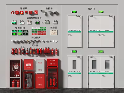 Complete Fire Equipment Setup Including Extinguishers Hydrants Emergency Lights And Fire Doors 3d model