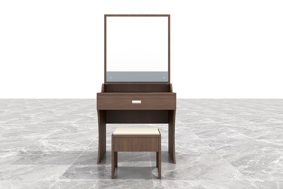 Modern Wooden Dressing Table With Mirror Drawer And Matching Stool 3d model