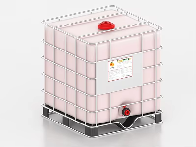 Industrial IBC Tote Storage Tank with Metal Frame Red Cap Bottom Pallet and Side Label 3d model
