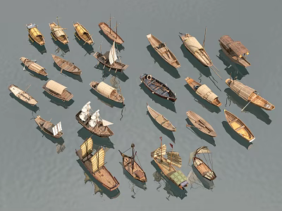 Various Traditional Wooden Boats With Different Sails And Shapes On Water 3d model