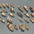 Various Traditional Wooden Boats With Different Sails And Shapes On Water
