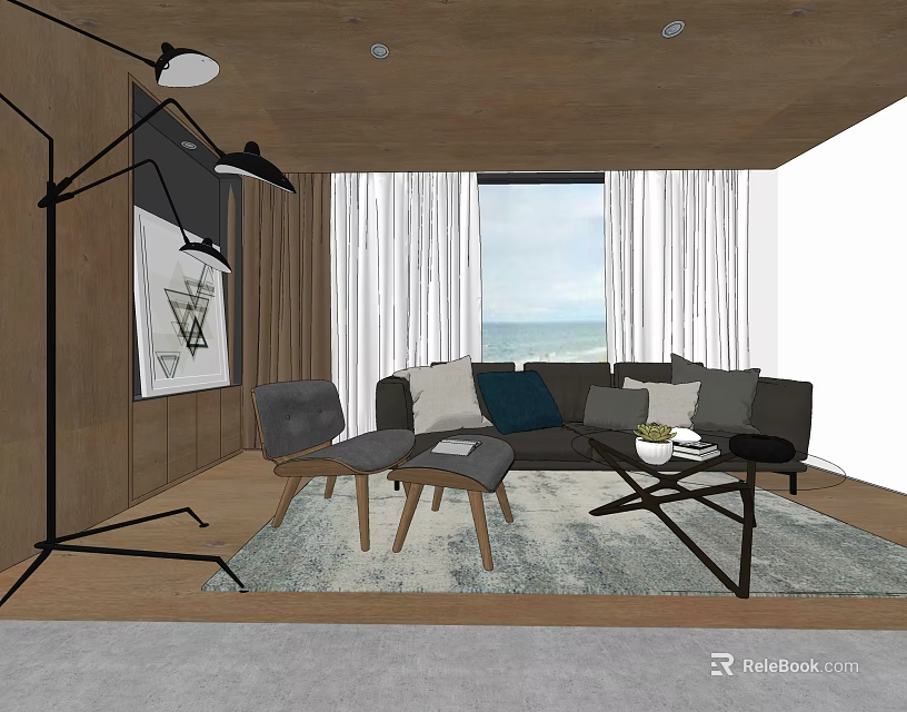 Modern Office Interior Design With Sofa Coffee Table Floor Lamp And Wooden Curtains 3d model 