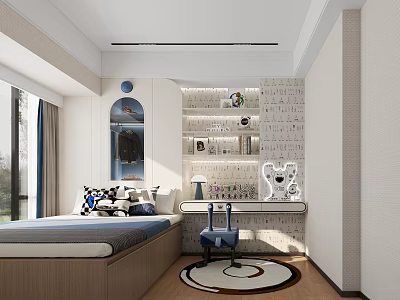 Modern Kids Room Interior With Cozy Bed Study Desk Bookshelf And Decorative Rug 3d model