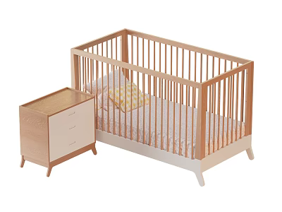 Modern Baby Crib With Nightstand In Natural Wood And White 3d model