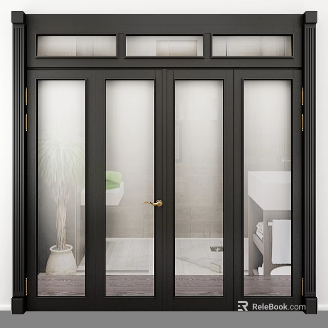 Black Framed Frosted Glass Doors In Modern Interior With Plant And Sink 3d model 