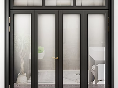 Black Framed Frosted Glass Doors In Modern Interior With Plant And Sink 3d model