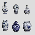 Traditional Blue And White Ceramic Vessels With Intricate Patterns And Diverse Shapes
