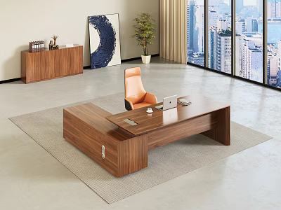 Wooden Office Desk with Orange Chair Laptop on Beige Rug near Window City View 3d model