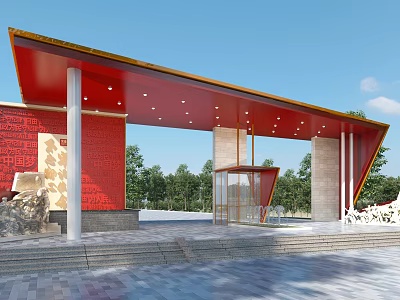 Entrance Gate Featuring Red Roof Golden Decorations Red Walls Columns Glass Door And Stone Steps 3d model