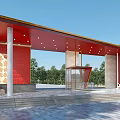 Entrance Gate Featuring Red Roof Golden Decorations Red Walls Columns Glass Door And Stone Steps