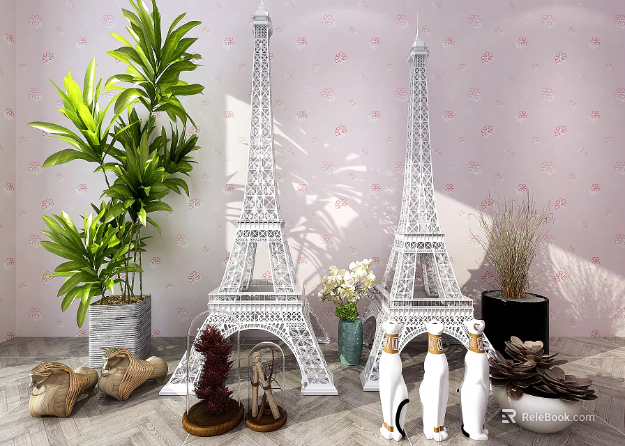 Decorative Ornament Set With Eiffel Tower Models Green Plants And Penguin Figurines 3d model 