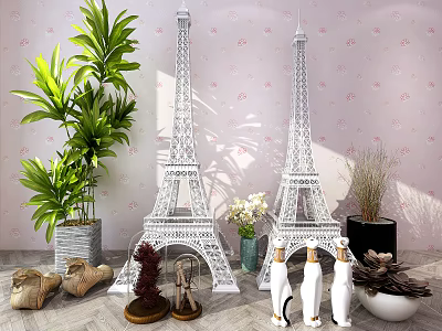 Decorative Ornament Set With Eiffel Tower Models Green Plants And Penguin Figurines 3d model