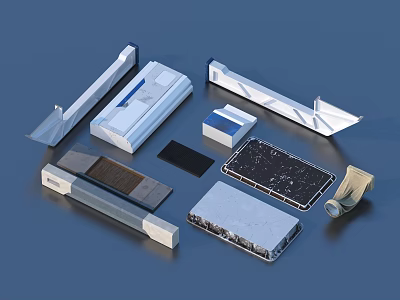 Various Construction Components With Different Shapes And Materials On Blue Background 3d model