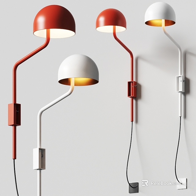 Modern Red and White Wall Lamps with Curved Arms Illuminating Interior Spaces 3d model 