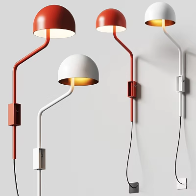 Modern Red and White Wall Lamps with Curved Arms Illuminating Interior Spaces 3d model