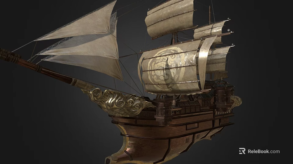 Ancient Sailing Ship with Wooden Hull and Decorative Carvings White Sails Featuring Emblem Design 3d model 