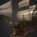 Ancient Sailing Ship with Wooden Hull and Decorative Carvings White Sails Featuring Emblem Design