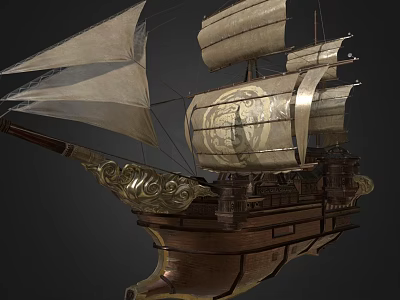 Ancient Sailing Ship with Wooden Hull and Decorative Carvings White Sails Featuring Emblem Design 3d model