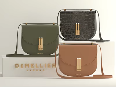Demellier London Saddle Crossbody Handbags in Green Black Crocodile and Brown Leather with Metal Clasp 3d model