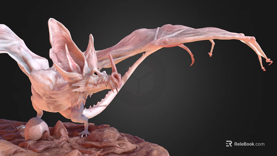 White Mythical Dragon Game Movie Character With Large Wings Standing On Rocky Terrain 3d model 