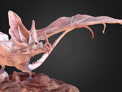 White Mythical Dragon Game Movie Character With Large Wings Standing On Rocky Terrain 3d model