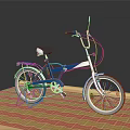 Blue and White Bicycle with Black Seat on Red Brick Floor Gray Background