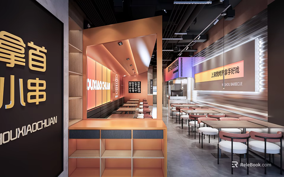 Modern Casual Shaochuan Restaurant Interior With Orange Decor Long Dining Tables And Neon Signs 3d model 