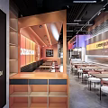 Modern Casual Shaochuan Restaurant Interior With Orange Decor Long Dining Tables And Neon Signs
