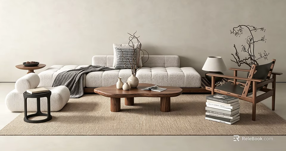 Soft Boucle Sofa And Natural Solid Wood Coffee Table Combination For Minimalist Cozy Living Room 3d model 