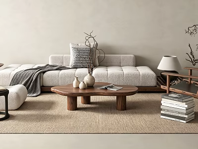 Soft Boucle Sofa And Natural Solid Wood Coffee Table Combination For Minimalist Cozy Living Room 3d model