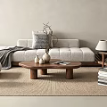 Soft Boucle Sofa And Natural Solid Wood Coffee Table Combination For Minimalist Cozy Living Room