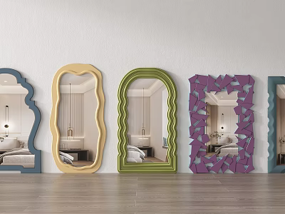 Decorative Wall Mounted Mirrors In Various Colors And Shapes On Light Wall With Wooden Floor 3d model
