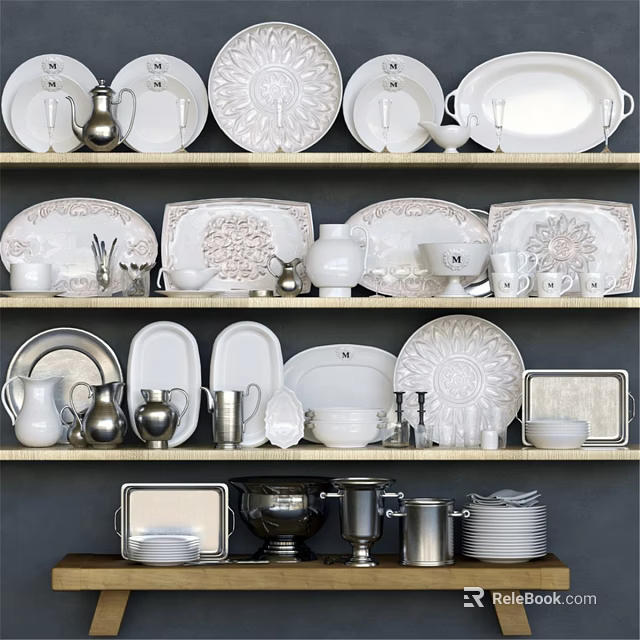 Elegant Dinnerware Set With Plates Cups Bowls Metal Pitchers And Trays On Shelves 3d model 