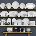Elegant Dinnerware Set With Plates Cups Bowls Metal Pitchers And Trays On Shelves
