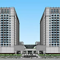 Modern Office Building Complex With Tall Twin Towers Glass Curtain Walls And Central Plaza