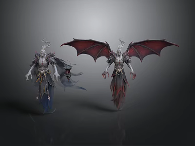 Two Fantasy Winged Creatures With Red Blue Wings And Ornate Costumes In Dark Fantasy Design 3d model