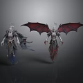 Two Fantasy Winged Creatures With Red Blue Wings And Ornate Costumes In Dark Fantasy Design