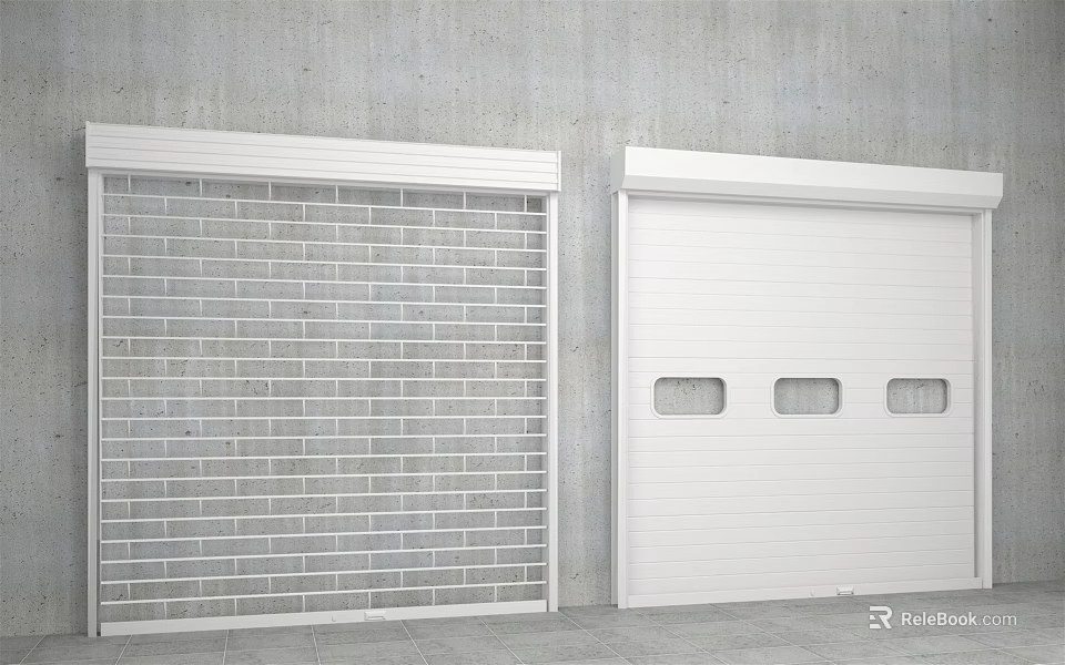 White Roll Up Doors With Grid Pattern And Three Windows On Concrete Wall 3d model 