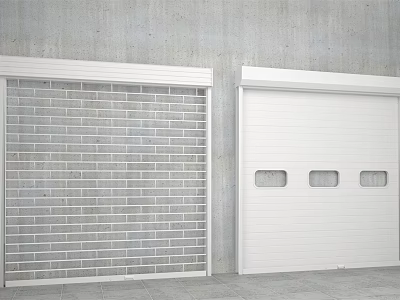 White Roll Up Doors With Grid Pattern And Three Windows On Concrete Wall 3d model