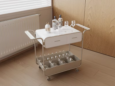 Stylish Bar Trolley With White Top Drawers And Glass Racks For Bottles And Wine Glasses 3d model
