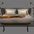 Modern Double Bed with Striped Bedspread Geometric Pillows Orange Blanket and Bedside Lamps 3d model