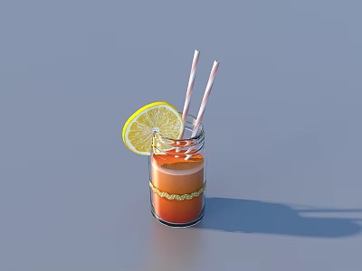 Refreshing Orange Juice in Glass Jar with Lemon Slice and Striped Straws 3d model