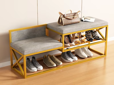 Functional Shoe Bench With Golden Frame Gray Cushion And Shoe Storage Top Bag Book 3d model