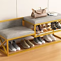 Functional Shoe Bench With Golden Frame Gray Cushion And Shoe Storage Top Bag Book