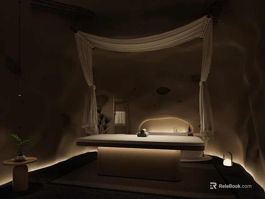 Serene SPA Sauna Interior Design With Canopy Massage Bed Soft Lighting And Zen Plants 3d model 